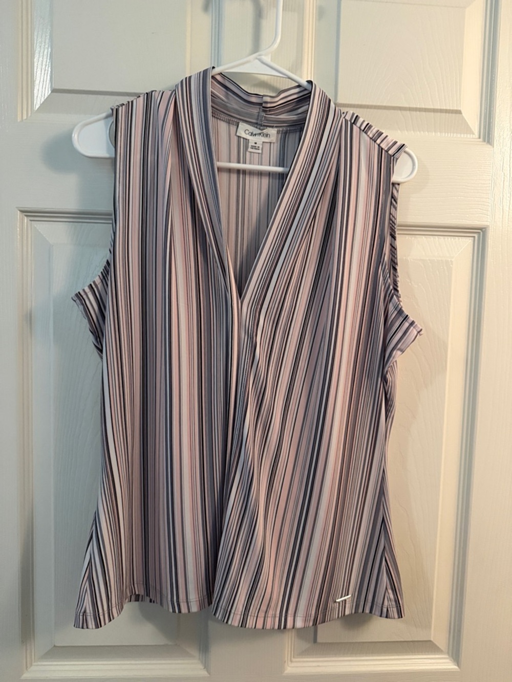 Calvin Klein Pink and Navy Striped Sleeveless V-Neck Blouse